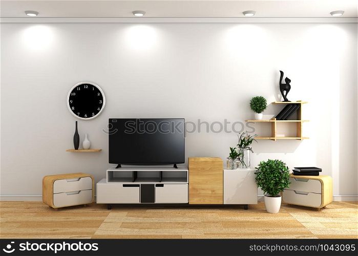 Smart TV in modern white empty room interior minimal designs - Japanese style. 3d rendering
