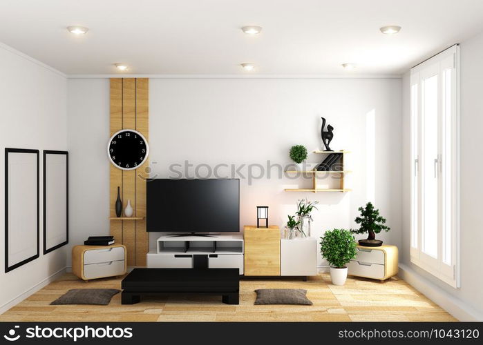 Smart TV in modern white empty room interior minimal designs - Japanese style. 3d rendering