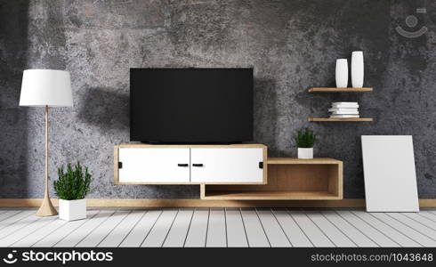 Smart TV led on concrete wall with wooden cabinet and plant in pot empty interior.3D rendering