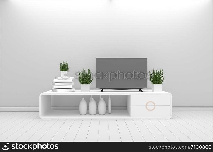 Smart Tv - Mock up - concept living room white style - white modern design . 3d rendering