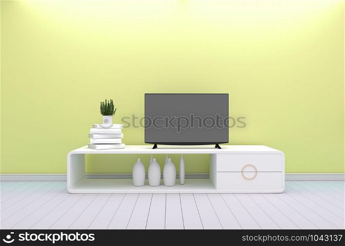 Smart Tv - Mock up - concept living room white style - yellow modern design . 3d rendering
