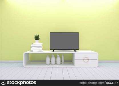 Smart Tv - Mock up - concept living room white style - yellow modern design . 3d rendering