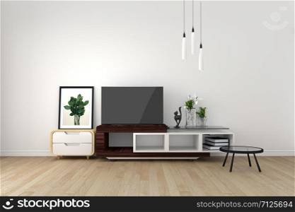 Smart TV Mock-up on empty room, living room tropical style. 3D rendering