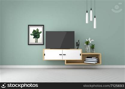 Smart Tv Mock-up on green wall in modern tropical interior. 3d rendering