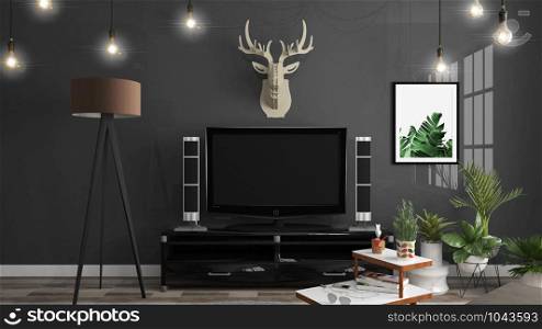 Smart Tv Mockup on the cabinet decor, modern living room zen style. 3d rendering