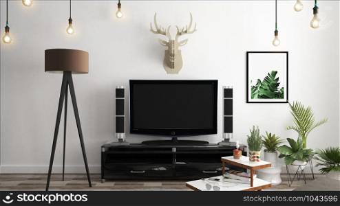 Smart Tv Mockup on the cabinet decor, modern living room zen style. 3d rendering