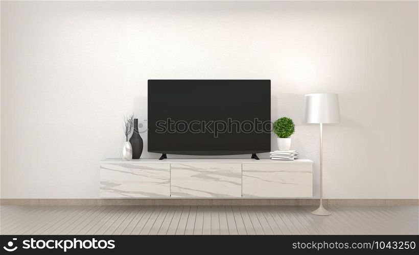 Smart Tv Mockup on zen living room with decoraion minimal style. 3d rendering
