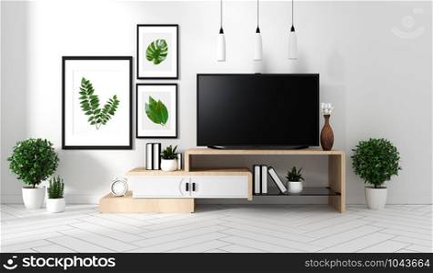 Smart Tv Mockup with blank black screen hanging on the cabinet and fame decor, modern living room zen style. 3d rendering