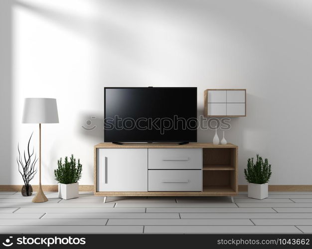 Smart Tv Mockup with blank black screen hanging on the cabinet decor, modern living room zen style. 3d rendering