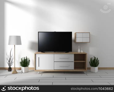 Smart Tv Mockup with blank black screen hanging on the cabinet decor, modern living room zen style. 3d rendering