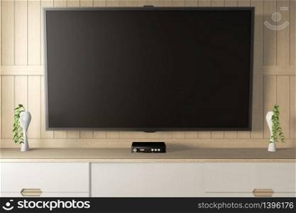 Smart Tv Mockup with blank black screen hanging on the cabinet decor. 3d rendering