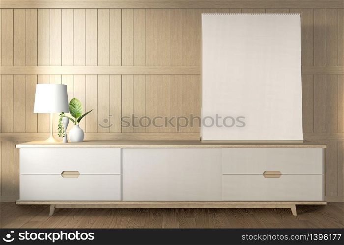 Smart Tv Mockup with blank black screen hanging on the cabinet decor. 3d rendering