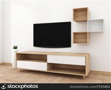 Smart Tv Mockup with blank black screen hanging on the cabinet decor, modern living room zen style. 3d rendering