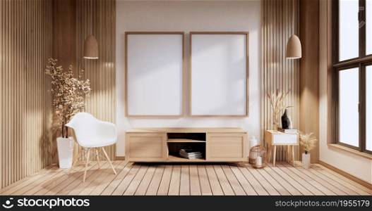 Smart Tv on Cabinet in Living room with white wall on white floor and chair.3D rendering