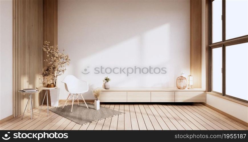 Smart Tv on Cabinet in Living room with white wall on white floor and chair.3D rendering