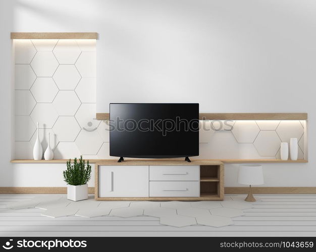 Smart TV on the cabinet in japanese living room with plants on hexagonal wall design background,3d rendering