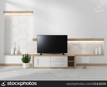 Smart TV on the cabinet in japanese living room with plants on hexagonal wall design background,3d rendering