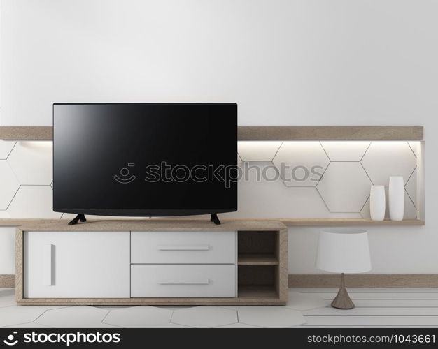 Smart TV on the cabinet in japanese living room with plants on hexagonal wall design background,3d rendering