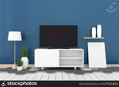 Smart Tv with blank black screen hanging on cabinet design, modern living room with dark blue wall on hexagon tile and white wooden floor. 3d rendering