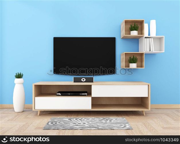 Smart Tv with blank black screen hanging on cabinet design, modern living room with floor. 3d rendering