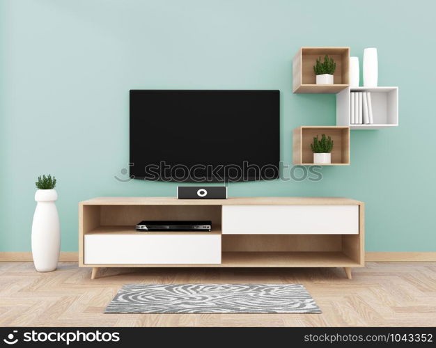 Smart Tv with blank black screen hanging on cabinet design, modern living room with floor. 3d rendering