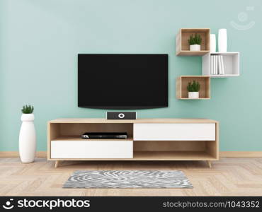 Smart Tv with blank black screen hanging on cabinet design, modern living room with floor. 3d rendering