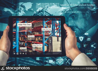 Smart warehouse management system using augmented reality technology to identify package picking and delivery . Future concept of supply chain and logistic business .. Smart warehouse management system using augmented reality technology