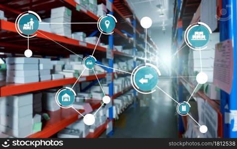 Smart warehouse management system with innovative internet of things technology to identify package picking and delivery . Future concept of supply chain and logistic network business .. Smart warehouse management system with innovative internet of things technology