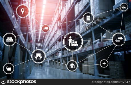 Smart warehouse management system with innovative internet of things technology to identify package picking and delivery . Future concept of supply chain and logistic network business .. Smart warehouse management system with innovative internet of things technology