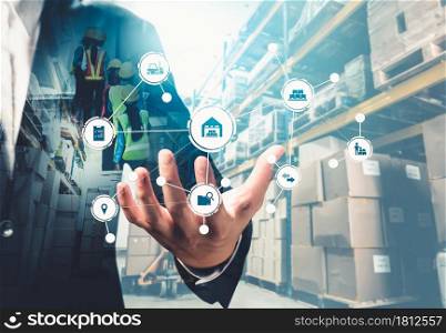 Smart warehouse management system with innovative internet of things technology to identify package picking and delivery . Future concept of supply chain and logistic network business .. Smart warehouse management system with innovative internet of things technology