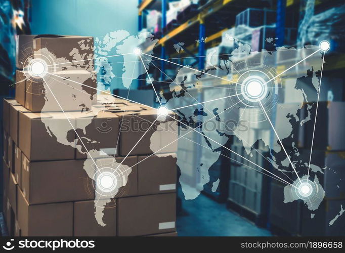 Smart warehouse management system with innovative internet of things technology to identify package picking and delivery . Future concept of supply chain and logistic network business .. Smart warehouse management system with innovative internet of things technology