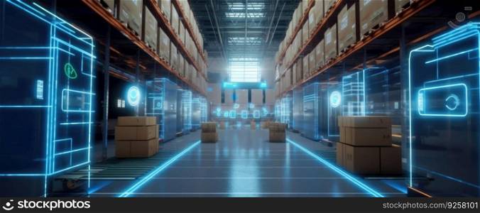 Smart warehouse with transporter robots and holographic dashboard. Generative AI AIG21.