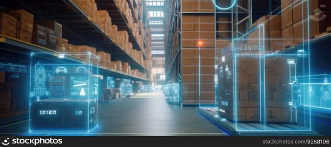 Smart warehouse with transporter robots and holographic dashboard. Generative AI AIG21.