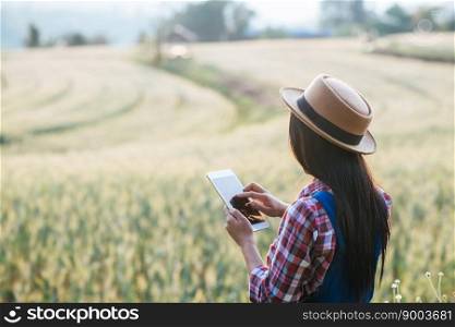 Smart Woman farmer looking barley field with tablet computer