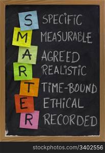 SMARTER (specific, measurable, agreed, realistic, time-bound, ethical, recorded) - acronym for goal setting approach, white chalk handwriting, colorful sticky notes on blackboard