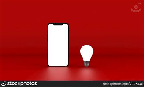 Smartphone and bulbs on red background. 3D Illustration.