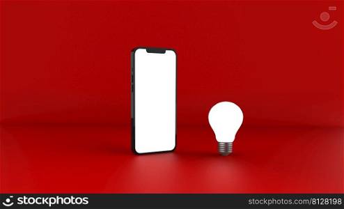 Smartphone and bulbs on red background. 3D Illustration.