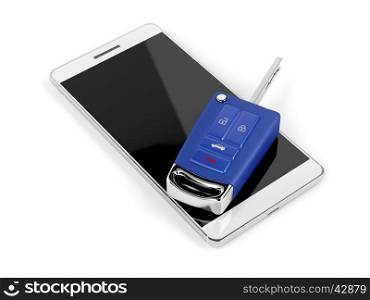 Smartphone and car key on white background