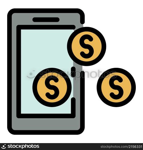 Smartphone and coins icon. Outline smartphone and coins vector icon color flat isolated. Smartphone and coins icon color outline vector