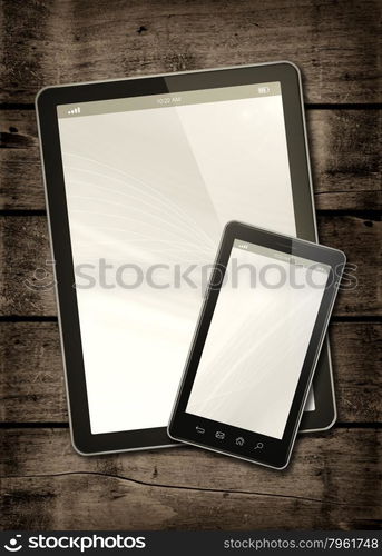 Smartphone and digital tablet PC on a dark wood table - vertical office mockup. Smartphone and digital tablet PC on a dark wood table