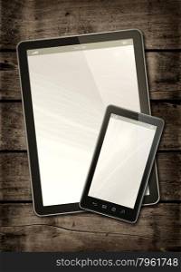 Smartphone and digital tablet PC on a dark wood table - vertical office mockup. Smartphone and digital tablet PC on a dark wood table