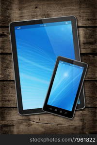 Smartphone and digital tablet PC on a dark wood table - vertical office mockup. Smartphone and digital tablet PC on a dark wood table