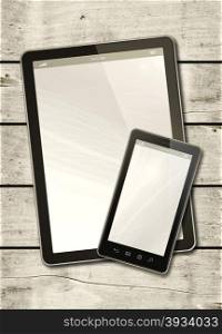 Smartphone and digital tablet PC on a white wood table - vertical office mockup. Smartphone and digital tablet PC on a white wood table