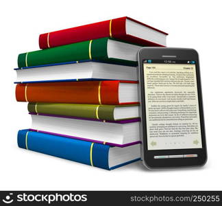 Smartphone and stack of color books isolated on white background