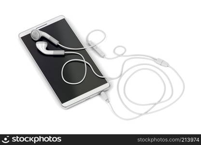 Smartphone and wired earphones on white background
