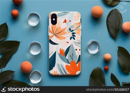 Smartphone case with decorative panel in leaves on abstract studio background, generative ai