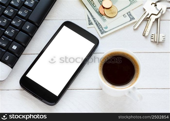 Smartphone cellphone with blank white screen on wooden table