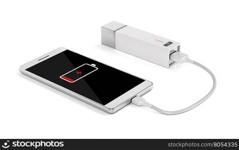 Smartphone charging with power bank on white background