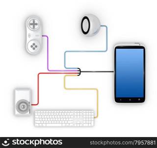 Smartphone connected to various devices. 3D Render.