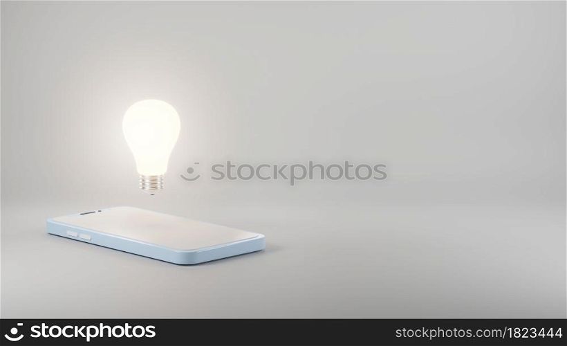 Smartphone golden model mock up blue color with light bulb conceptual design on screen isolated on gray background, idea concept, 3D rendering illustration